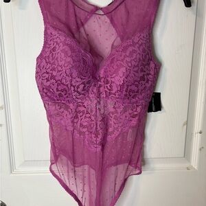INC International Concepts Sheer Lace Bodysuit in Pink